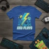 Axo Plays t-shirt with a lightning bolt, gaming consoles, controllers, and globes design