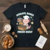 Axolotl Bakes Fresh Daily t-shirt design with cute axolotl character baking cookies and bread