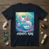 Axolotl King t-shirt design featuring a cute white axolotl wearing a crown underwater with coral and fish