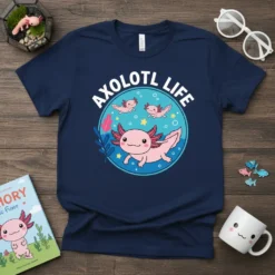 A navy blue t-shirt featuring the text "AXOLOTL LIFE" in white, surrounding a cute pink axolotl graphic with smaller axolotls