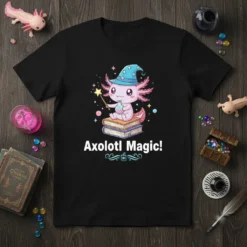 Axolotl Magic! text on a black t-shirt with a cute axolotl wearing a wizard hat holding a wand