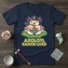 Axolotl Ramen Lord t-shirt design featuring a cute axolotl eating ramen, with pink gills and a black helmet