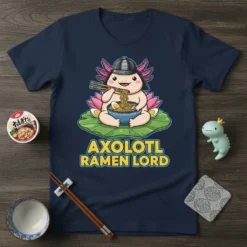 Axolotl Ramen Lord t-shirt design featuring a cute axolotl eating ramen, with pink gills and a black helmet