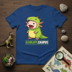 Axolotlsaurus T-Shirt featuring a cute axolotl dressed as a dinosaur, with the text "Axolotlsaurus" below