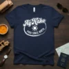 Navy blue t-shirt with white text "Ay Nako POGI SINCE BIRTH" and a Philippine sun graphic, representing Filipino pride