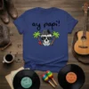 Ay Papi! t-shirt design with a sugar skull wearing sunglasses and a hat, surrounded by palm trees and a heart