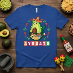 Ayogato text design on a blue t-shirt featuring a cartoon avocado cat wearing a sombrero and holding kittens. Surrounded by