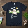 Baa! Sheep T-Shirt design with playful sheep jumping in a sunny pasture, featuring the word "Baa!" in script font