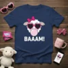 BAAAM! sheep graphic t-shirt with a sheep blowing pink bubble gum and wearing heart-shaped sunglasses
