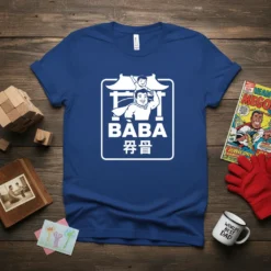 BABA 爷爷 t-shirt design featuring a superhero dad carrying his child on shoulders, with Chinese characters and bold text