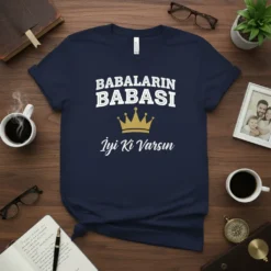 T-shirt with "Babalarin Babasi Yi Ki Vorsun" text and a gold crown graphic, navy blue shirt