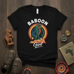 Baboon Girl T-Shirt with a colorful illustration of a baboon sitting in front of a circular graphic