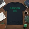 Babson College t-shirt with green varsity lettering and building graphic, navy blue tee for students and alumni