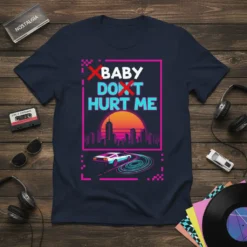 Baby Don't Hurt Me text in white and blue with red Xs, over a neon cityscape and retro car, on