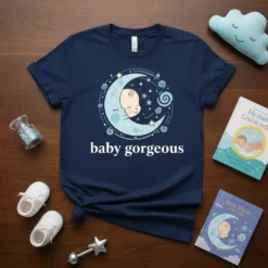 Navy t-shirt with "baby gorgeous" text and a celestial design featuring a sleeping baby on a crescent moon surrounded by
