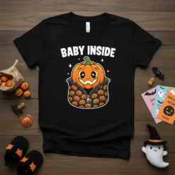 Baby Inside Halloween pregnancy t-shirt with a cute smiling pumpkin peeking from a zippered pocket filled with smaller pumpkins