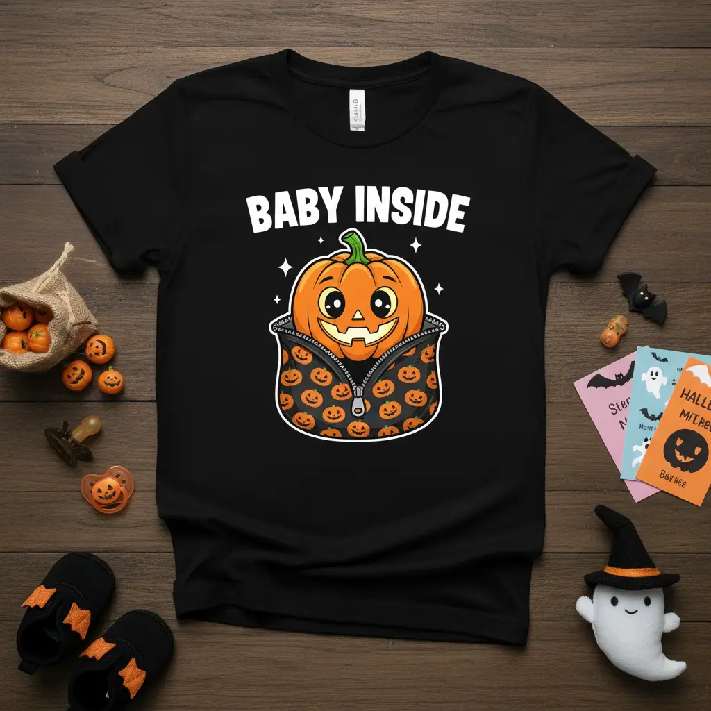 Baby Inside Halloween pregnancy t-shirt featuring a smiling pumpkin character with a zipper detail revealing a pattern of smaller pumpkins