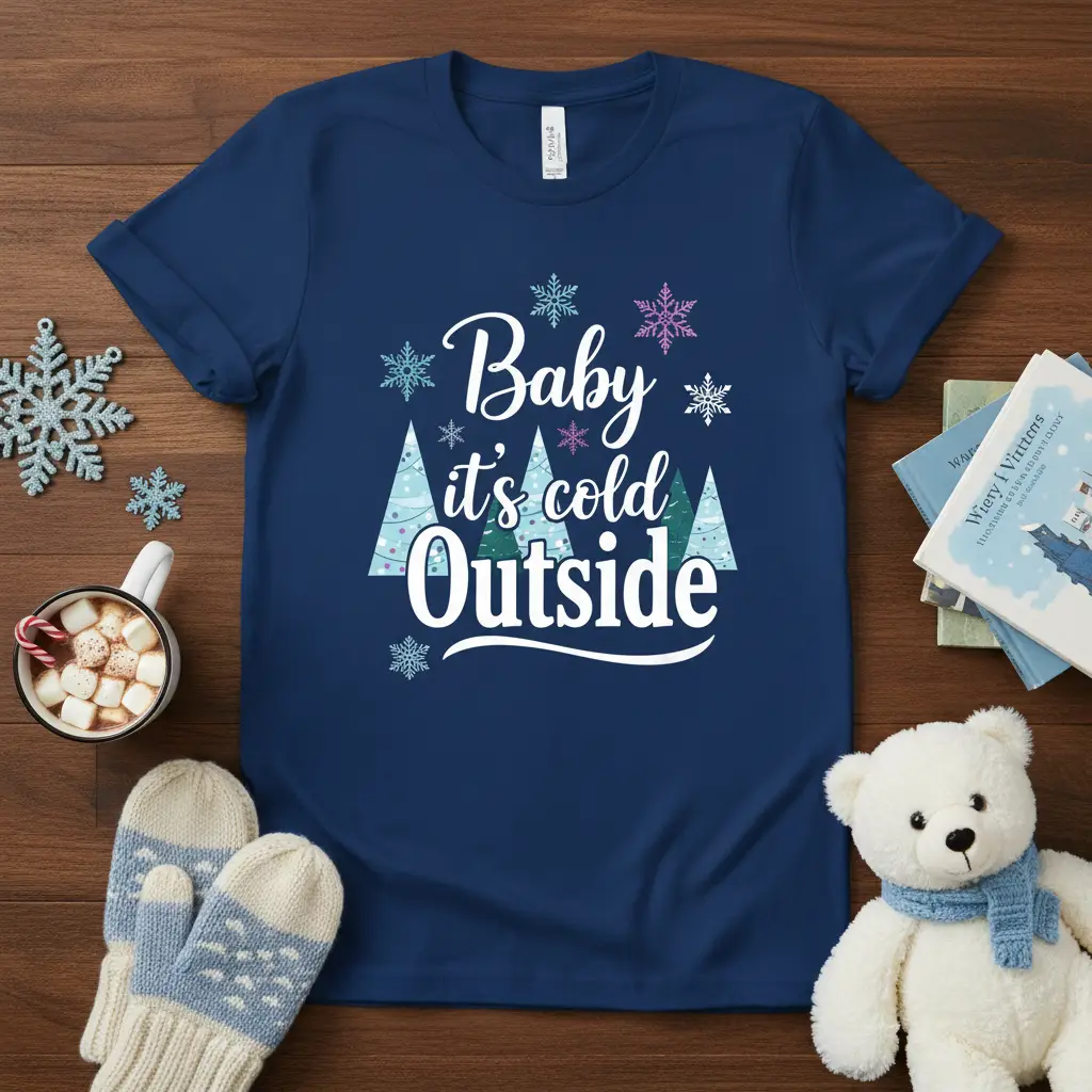 Baby it's cold Outside quote with snowflakes and trees graphic on a navy blue t-shirt