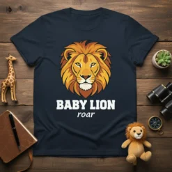 Baby Lion Roar t-shirt design with a cartoon lion cub's face and the text "BABY LION roar"