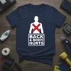Navy t-shirt with "BACK & BODY HURTS" text and a red cross on a silhouette of a person's back
