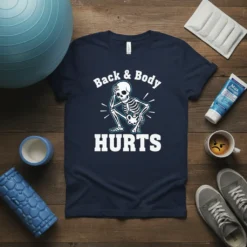 Back & Body HURTS funny skeleton squatting graphic on a navy t-shirt