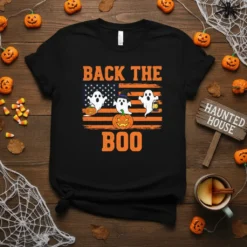 Black t-shirt with "BACK THE BOO" text, USA flag, three ghosts, and pumpkins, designed for Halloween
