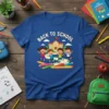 Back to School t-shirt design with cheerful kids, school building, and colorful pencils