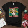Back To School t-shirt design featuring a cute owl sitting on books, holding a pencil, with colorful "Back To School"