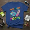Back to the 2000s text with retro flip phone and cassette player graphic on a blue t-shirt