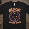 Black t-shirt with "Bad Cat Mischief Maker" text and a purple and yellow evil cat graphic, featuring bats and lightning