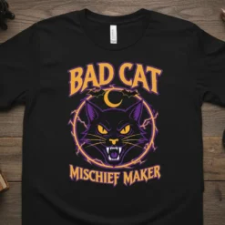 Black t-shirt with "Bad Cat Mischief Maker" text and a purple and yellow evil cat graphic, featuring bats and lightning