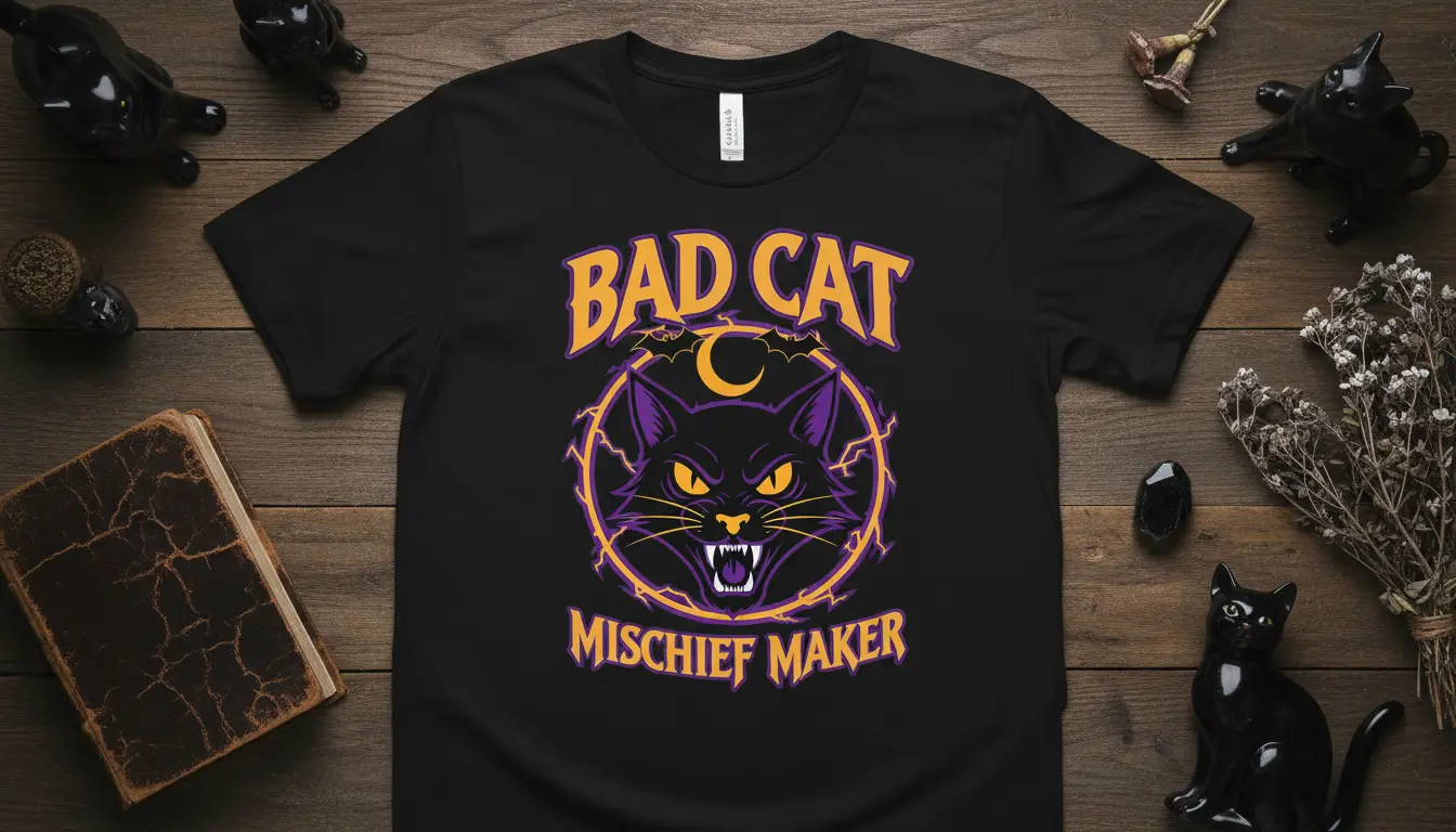 Bad Cat Mischief Maker Halloween Cat T-Shirt Spooky Gift