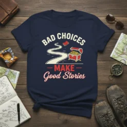 Bad Choices Make Good Stories quote t-shirt design featuring a winding road, treasure chest, and open book graphic