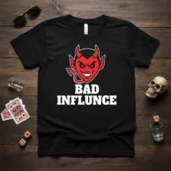 Black t-shirt with "BAD INFLUNCE" text and a red cartoon devil graphic, featuring horns and a sly grin