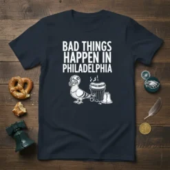 Bad Things Happen In Philadelphia text with a cartoon pigeon in a football helmet, hot dog, and Liberty Bell graphic