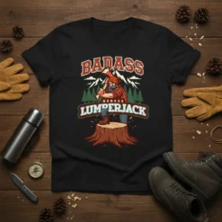 Badass Lumberjack T-Shirt with a rugged lumberjack graphic and bold text, featuring mountains and trees