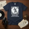 Navy t-shirt with "Badgers Badgers Badgers" text and a graphic of a tuxedo-clad badger dancing inside a decorative frame