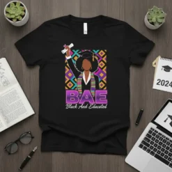 BAE Black And Educated graduation t-shirt with a woman in cap and gown holding a diploma, featuring colorful geometric background