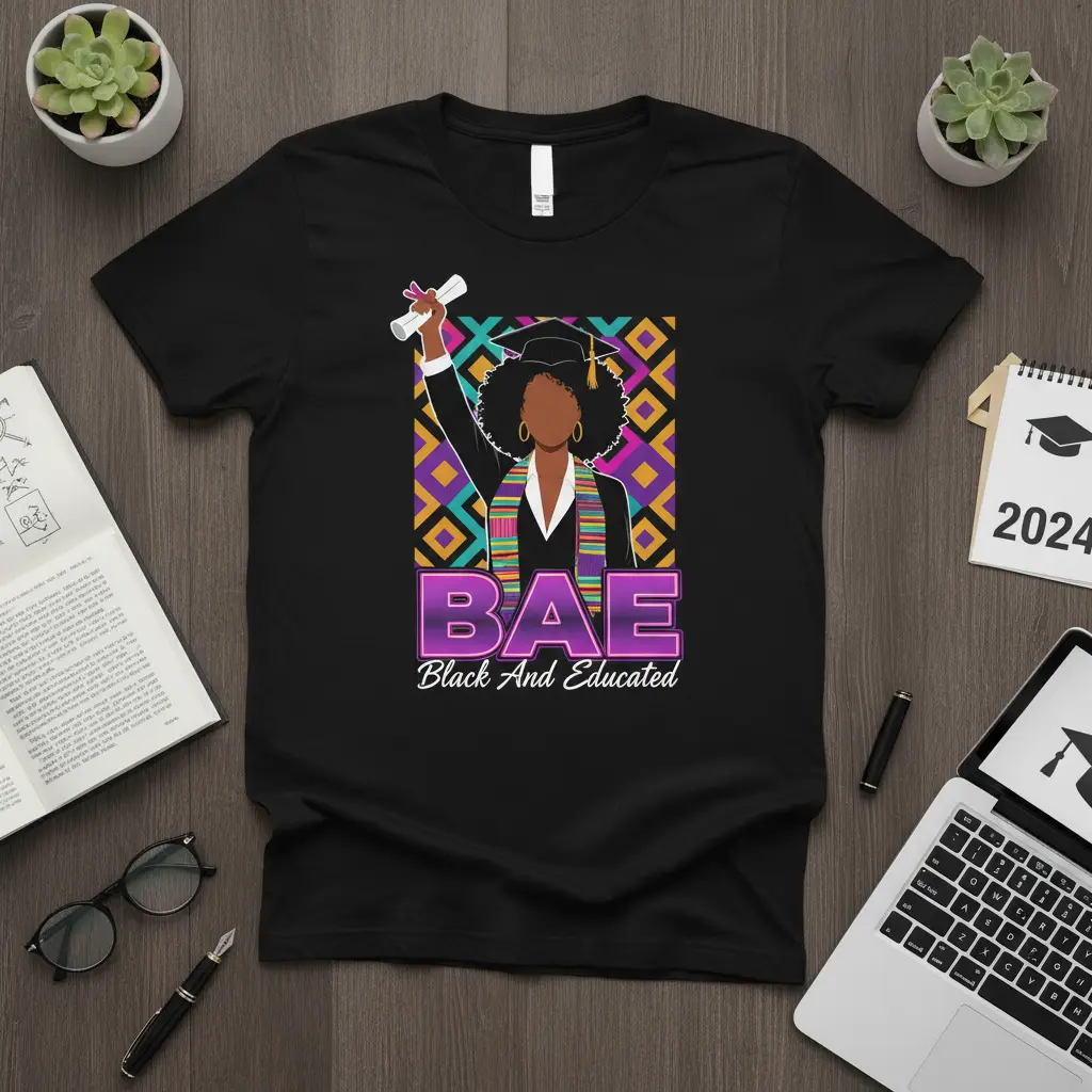 BAE Black And Educated graduation design featuring a graduate woman and empowering text on a black t-shirt
