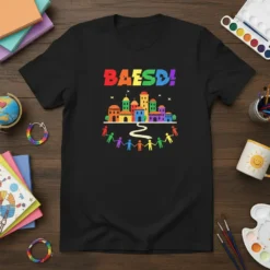 BAESD! rainbow city design t-shirt with diverse figures holding hands, celebrating pride and community