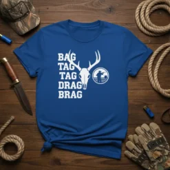 Bag Tag Tag Tag Drag Brag hunting humor t-shirt with deer skull graphic
