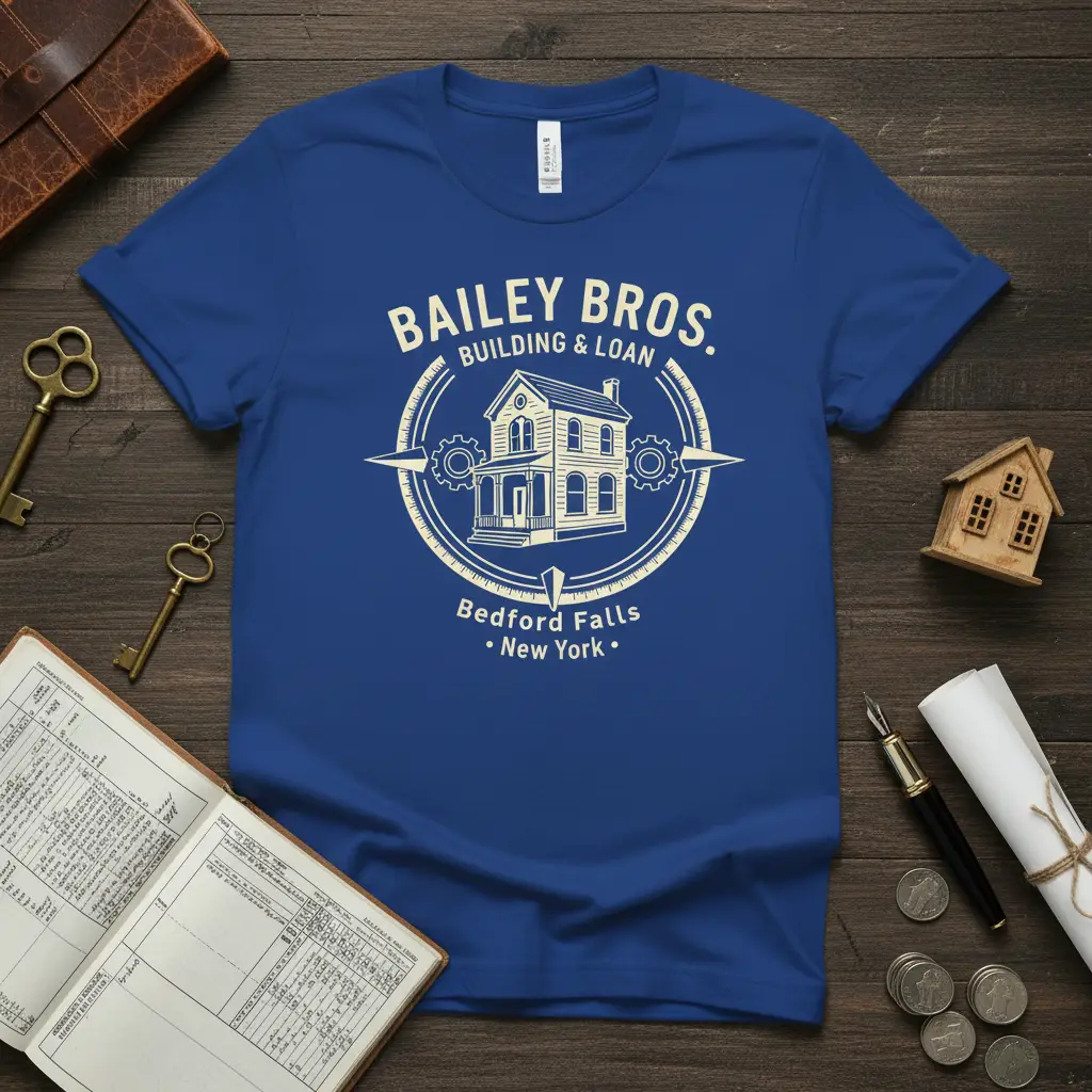 Bailey Bros. Building & Loan Bedford Falls New York text with vintage house graphic on a blue tee