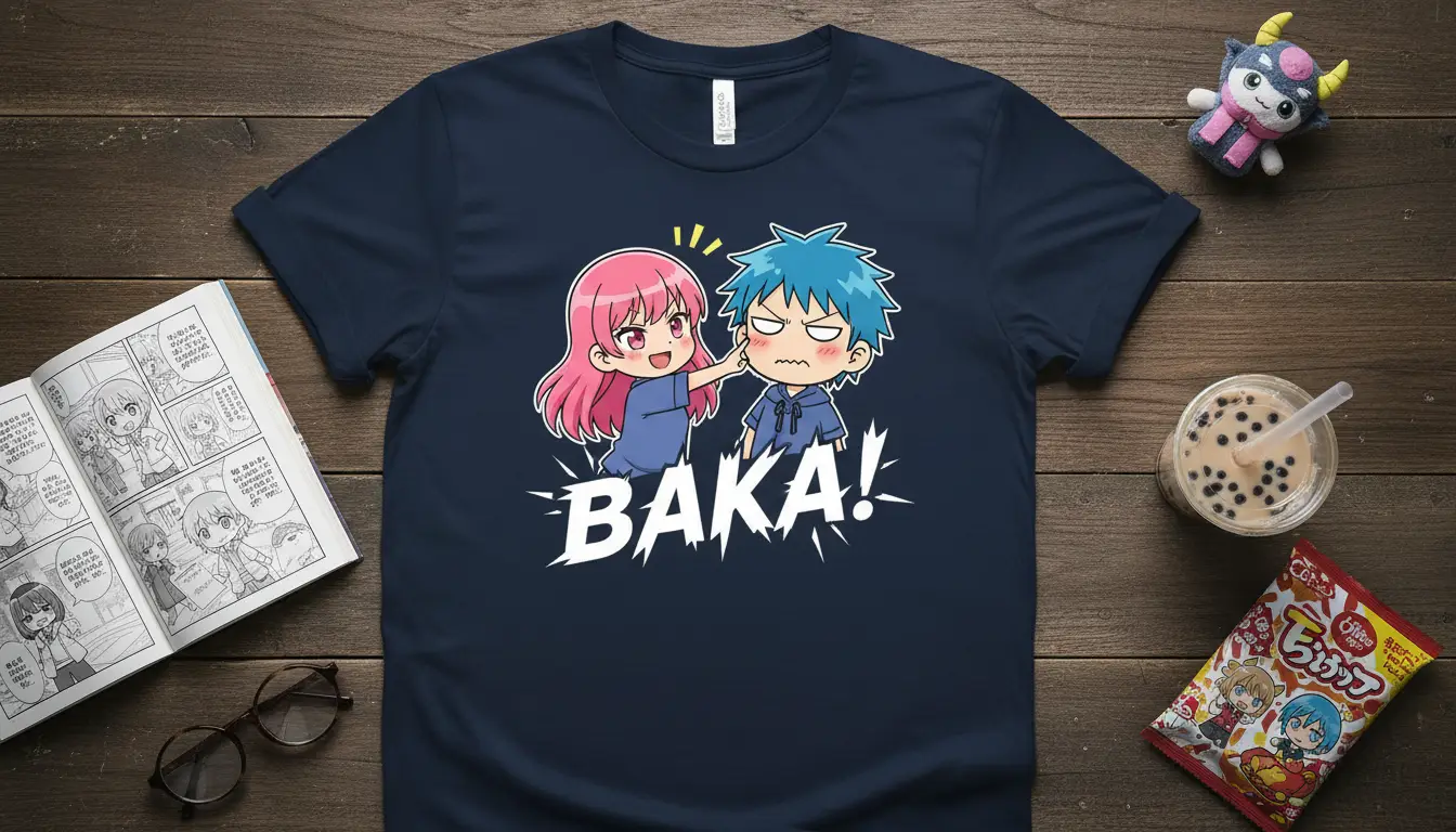 Baka! anime quote with chibi girl poking boy's cheek, popular Japanese insult design on t-shirt