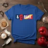 & BAKE quote with a raised fist graphic and colorful stripes on a royal blue t-shirt