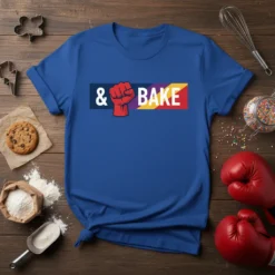 & BAKE quote with a raised fist graphic and colorful stripes on a royal blue t-shirt