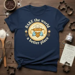 Bake the world a better place quote on a navy t-shirt with baking graphics like a rolling pin and heart