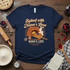 Navy t-shirt with "Baked with Nana's Love" text above a brick oven graphic holding a pie