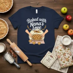 Baked with Nana's Love quote on a navy t-shirt, featuring hands holding a pie and heart-shaped cookies