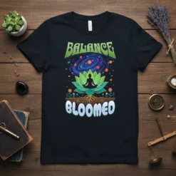 Balance Bloomed t-shirt with yoga meditation pose in lotus flower and galaxy graphic