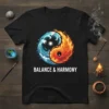 Balance & Harmony text with a swirling yin yang symbol of fire and water on a black t-shirt